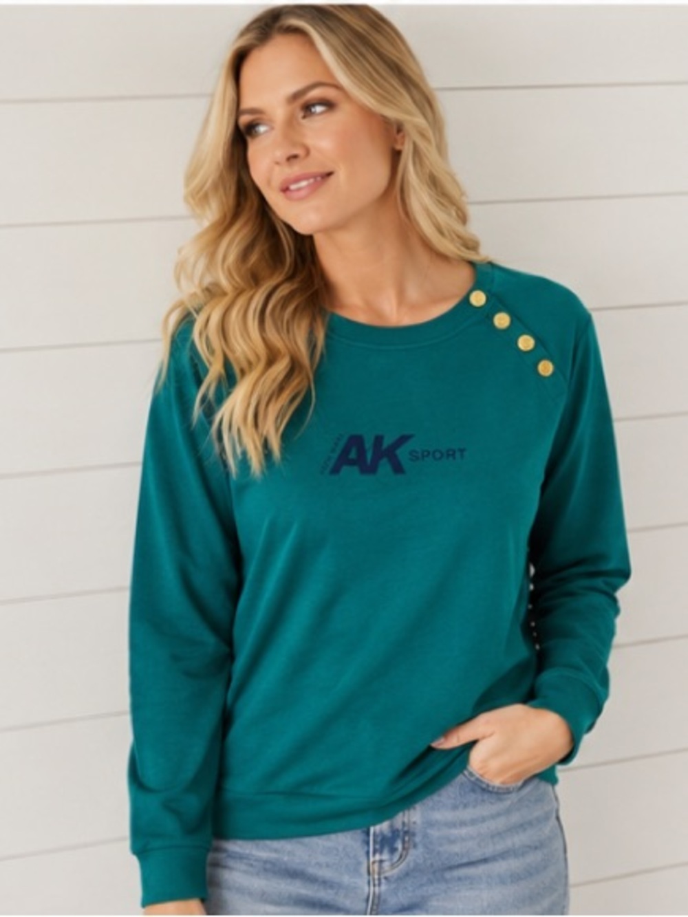 Anne Klein AK Sport Womens Alpine Green Pullover Sweatshirt Gold Buttons L